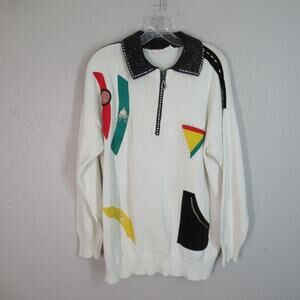 Vtg 80s Mardel Sweater OS White Cotton Abstract Rhinestone Applique Pullover Zip